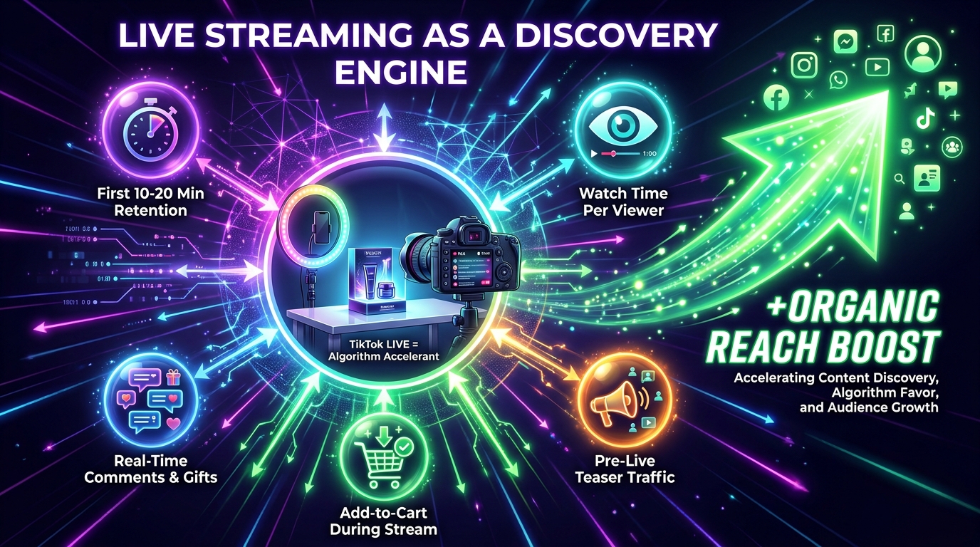 TikTok LIVE as organic discovery engine showing key algorithm signals including watch time, real-time engagement, and commerce actions