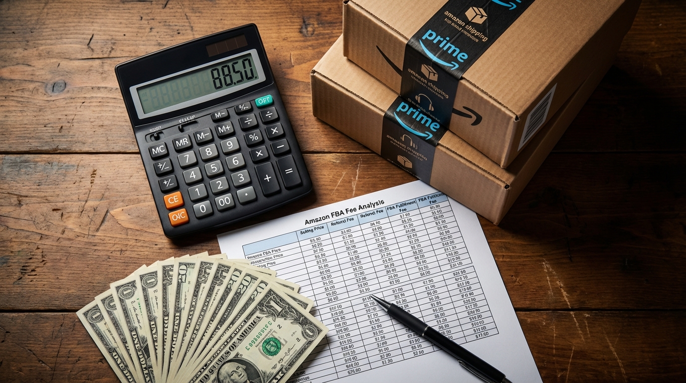 A close-up flat-lay of a calculator, shipping boxes, dollar bills, and a fee breakdown spreadsheet representing Amazon FBA fee analysis and cost management
