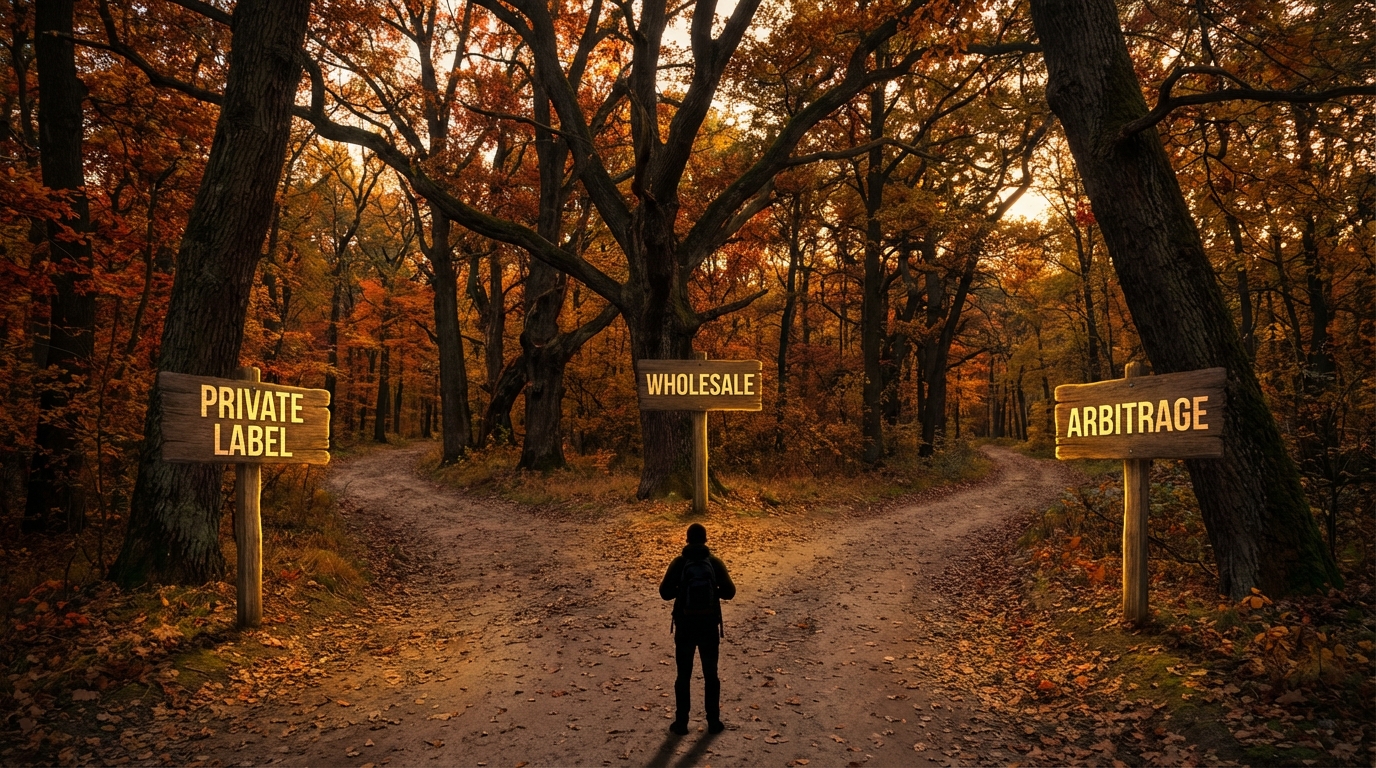 Three distinct paths diverging in a forest representing different Amazon business models — private label, wholesale, arbitrage — dramatic golden hour lighting