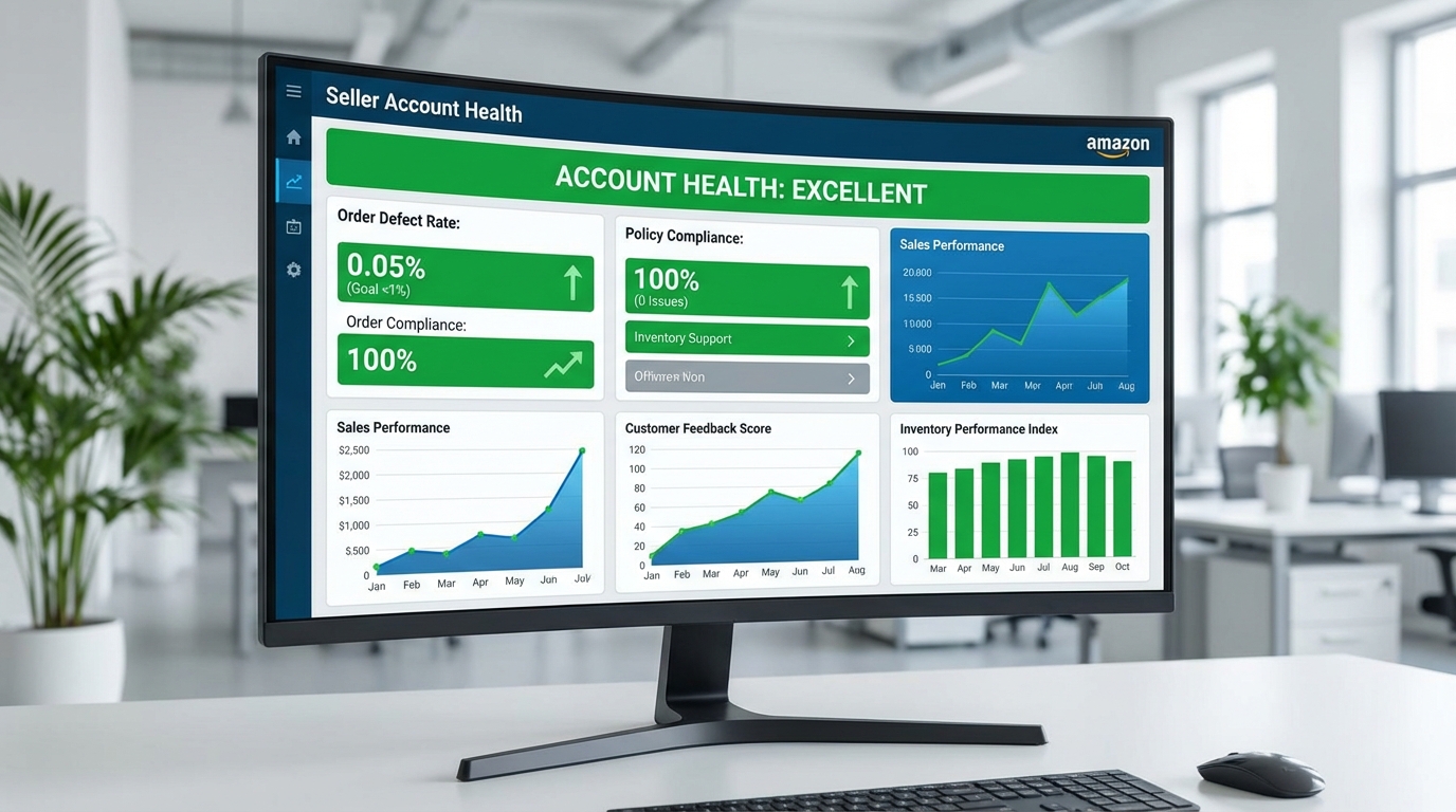 A digital dashboard on a large monitor displaying green account health metrics, charts and performance indicators with upward trends representing Amazon seller account health monitoring