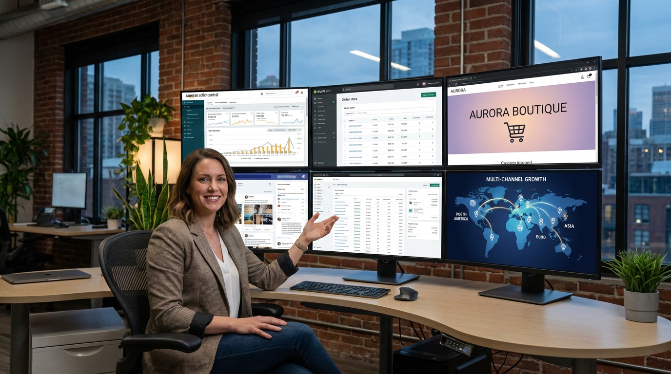 A confident entrepreneur looking at a multi-screen setup showing multiple e-commerce platforms with a global map overlay representing multi-channel selling and business diversification