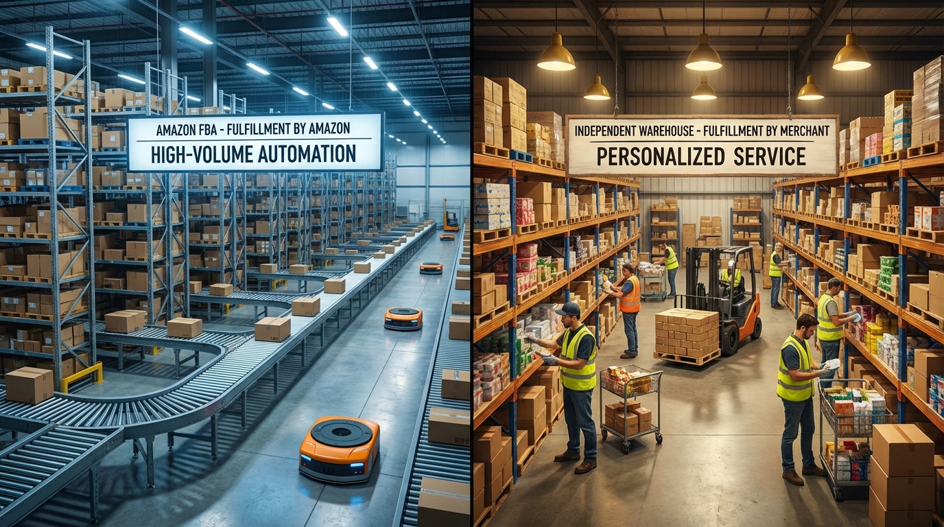 A split scene showing an Amazon FBA fulfillment center with conveyor belts alongside a smaller independent warehouse representing the FBA vs FBM comparison