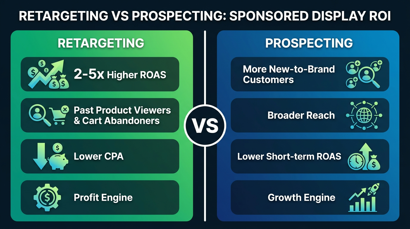 Comparison infographic: Amazon Sponsored Display retargeting delivers 2-5x higher ROAS than prospecting — retargeting is the profit engine, prospecting is the growth engine