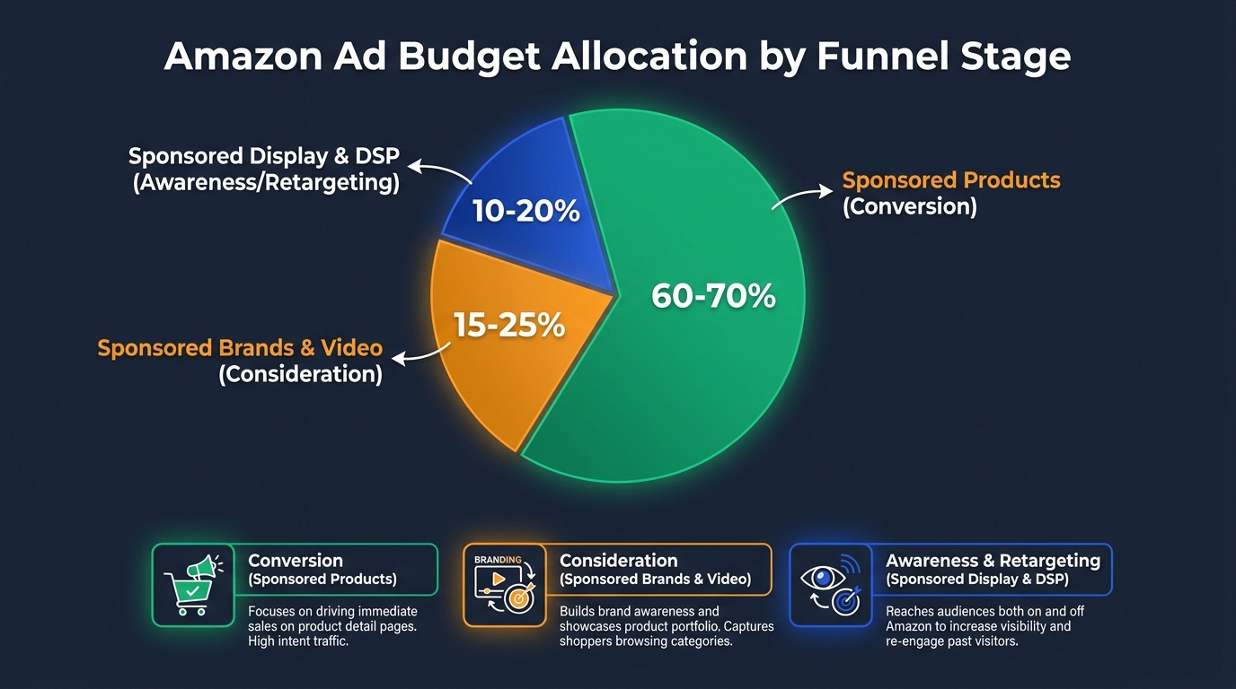 Amazon ad budget allocation pie chart showing Sponsored Products at 60-70%, Sponsored Brands at 15-25%, and Sponsored Display and DSP at 10-20% of total ad spend
