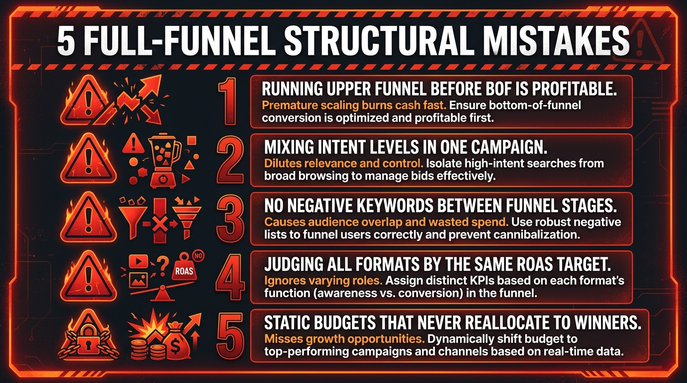 Five most common full-funnel Amazon ad structural mistakes: running upper funnel before BOF is profitable, mixing intent levels, no negative keywords, judging formats by the same ROAS, static budgets