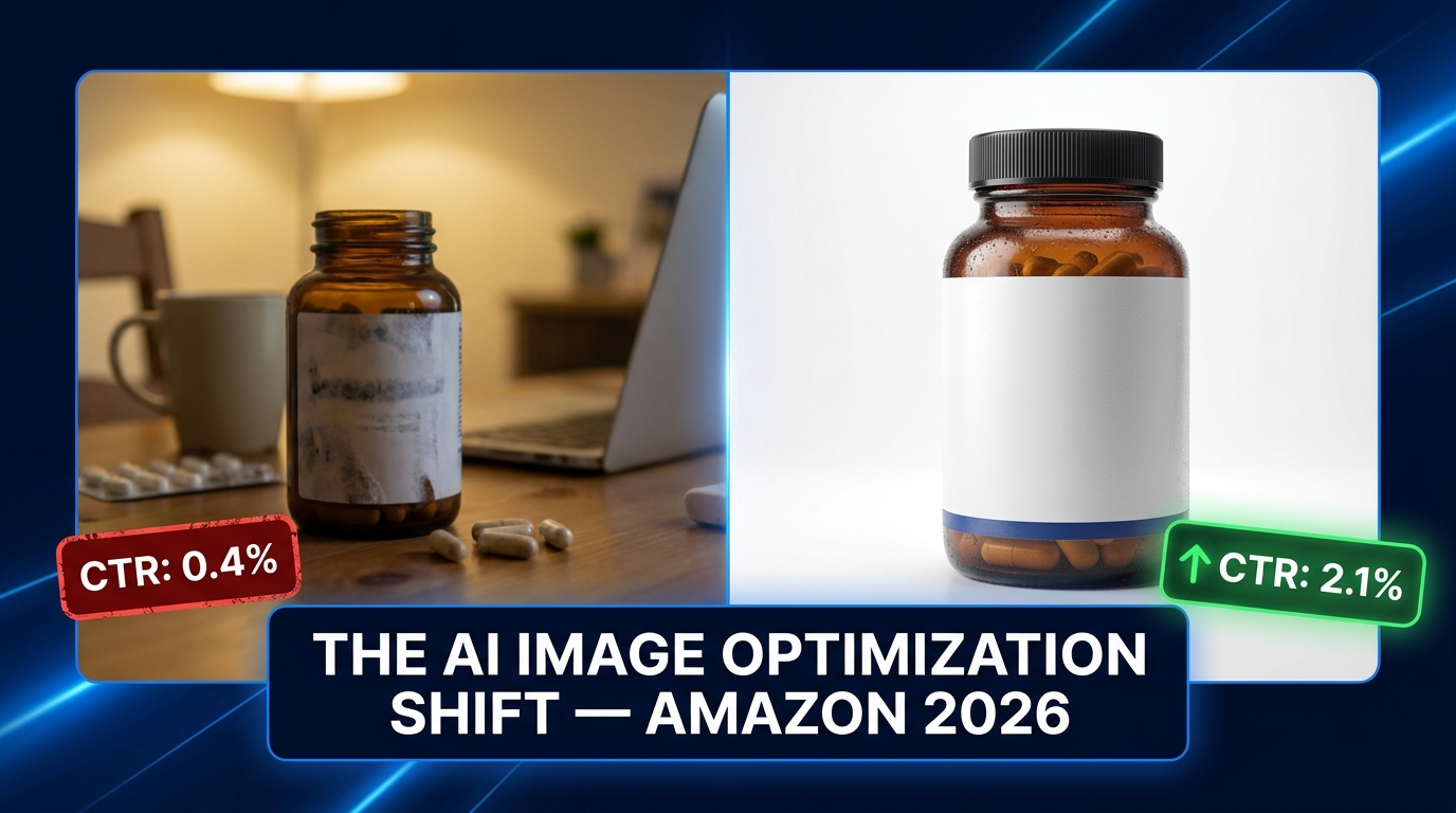 Split-screen comparison of amateur vs. AI-optimized Amazon product photography showing CTR improvement from 0.4% to 2.1%