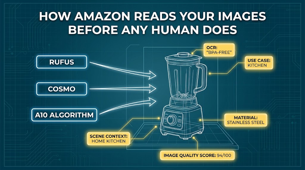 Infographic showing how Amazon's Rufus, COSMO, and A10 algorithms analyze product images using computer vision and OCR