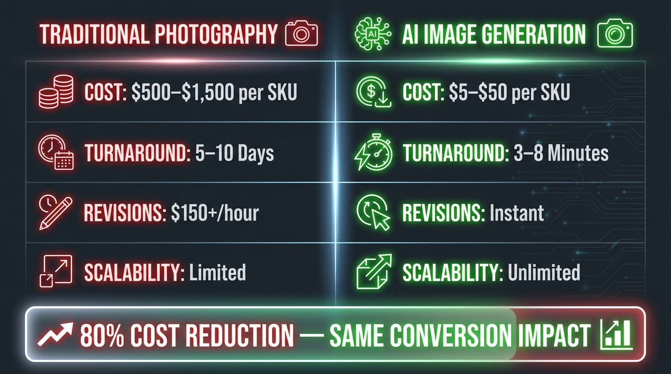 Side-by-side comparison infographic: Traditional Photography costs $500-$1,500 per SKU vs AI Image Generation at $5-$50 per SKU with 80% cost reduction