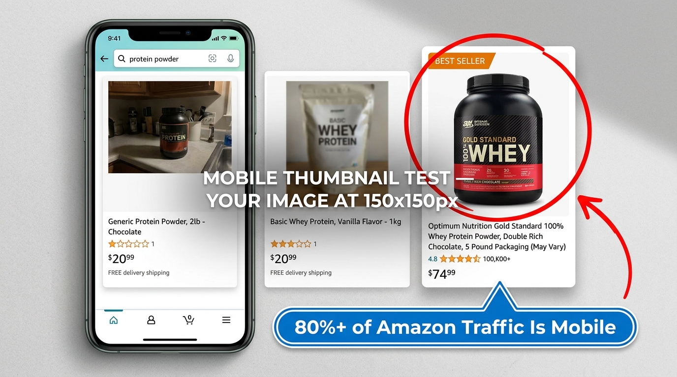Mobile phone mockup showing Amazon search results with one standout high-resolution product image dominating the thumbnail grid — 80%+ of Amazon traffic is mobile