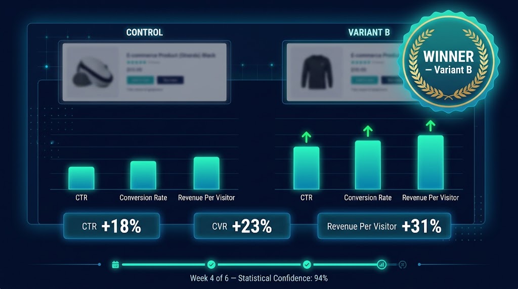 Amazon Manage Your Experiments A/B test results dashboard showing CTR +18%, CVR +23%, Revenue Per Visitor +31% for winning variant B
