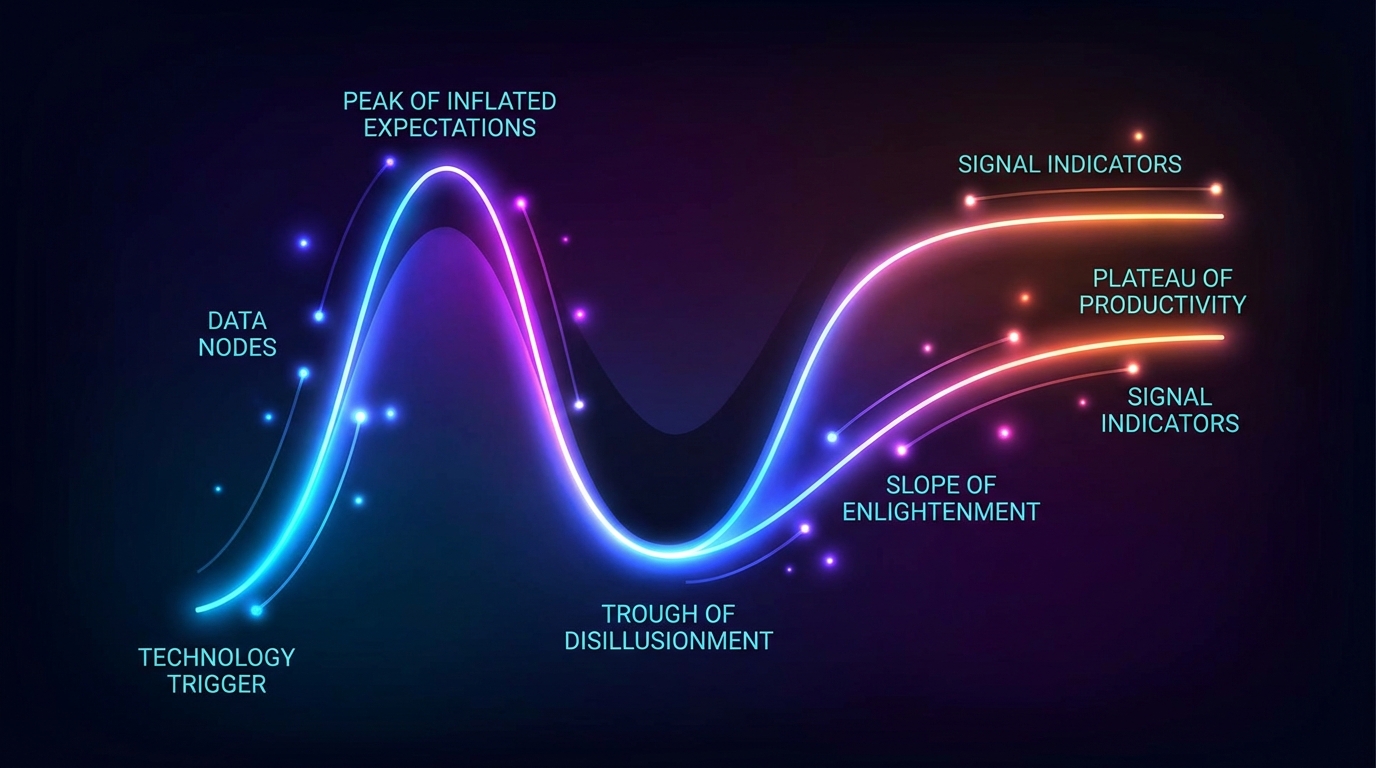 Abstract glowing Gartner Hype Cycle curve showing the peak of inflated expectations and trough of disillusionment