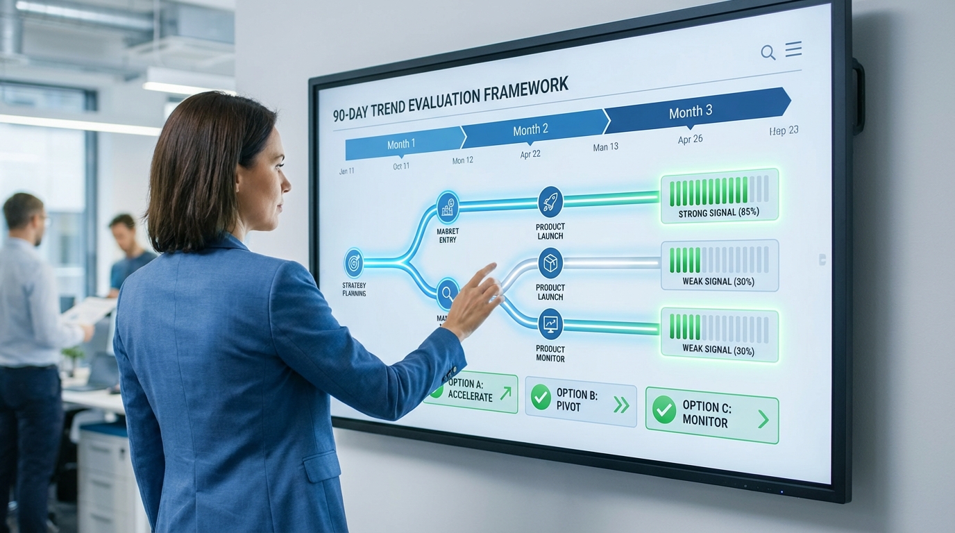 Business professional reviewing a 90-day trend evaluation framework on a large dashboard display with strategy metrics