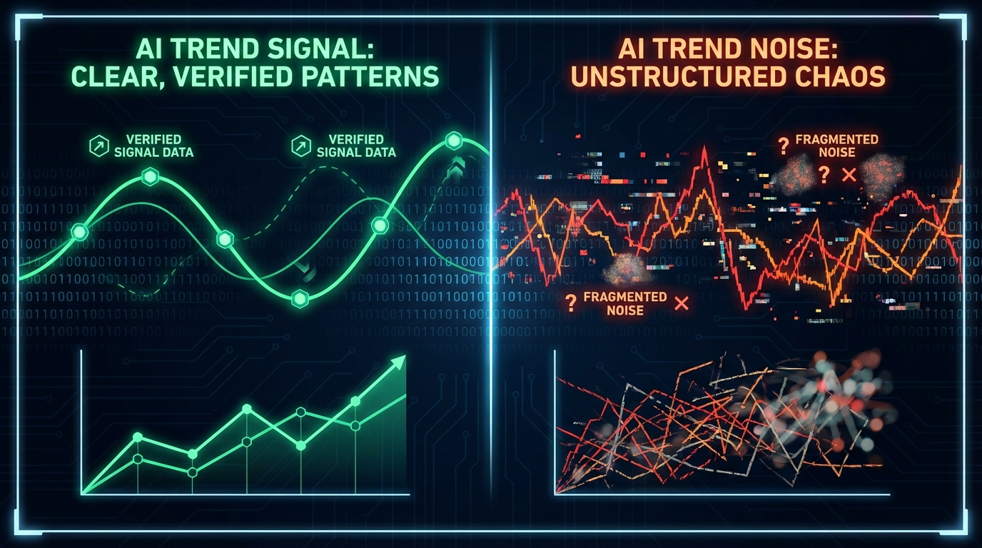 Split-screen visualization of clear signal waves versus chaotic noise patterns in AI trend detection