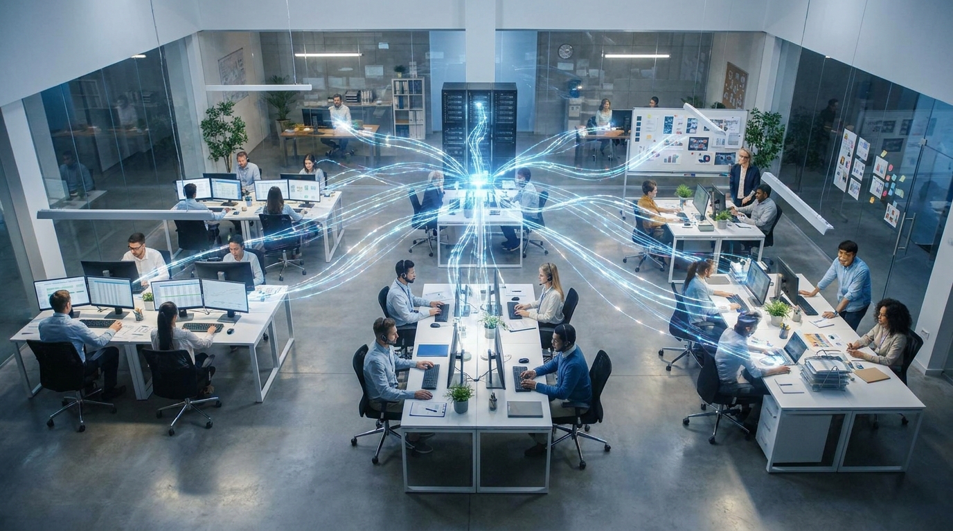 Bird's-eye view of a modern business office with AI data streams connecting departments
