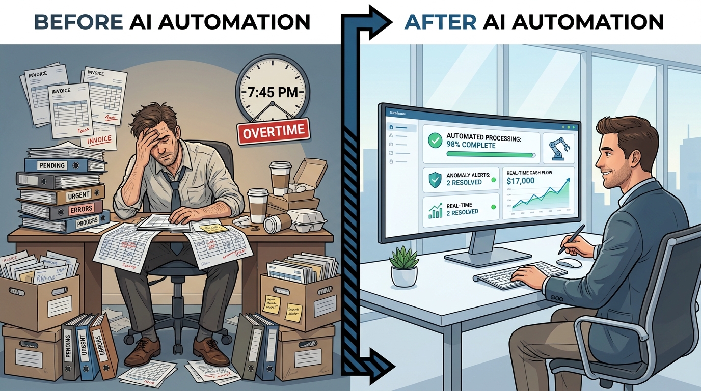 Before and after AI automation in a finance department: paper invoices versus clean digital dashboard