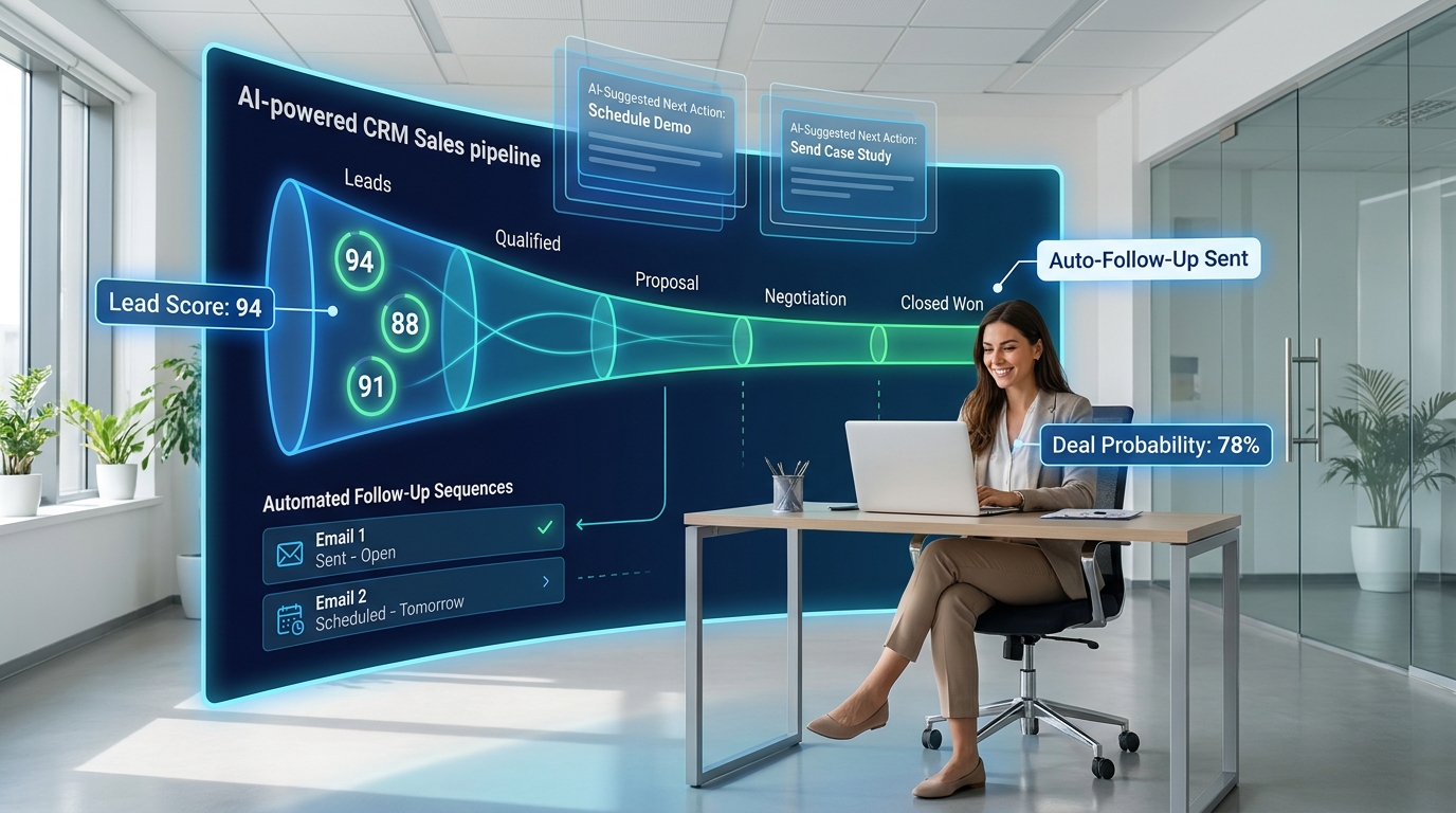 AI-powered CRM dashboard showing lead scores, automated follow-up sequences, and deal probability percentages