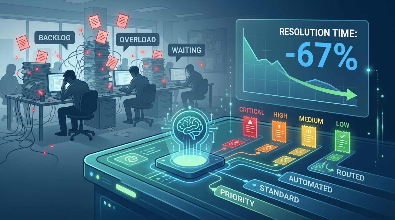 AI triage system sorting customer support tickets by priority, with resolution time reduced by 67%