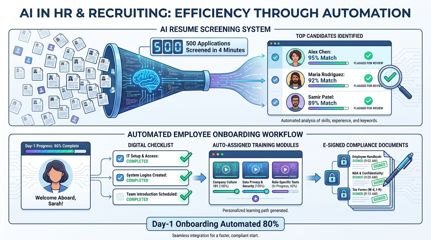 AI resume screening and automated employee onboarding workflow infographic