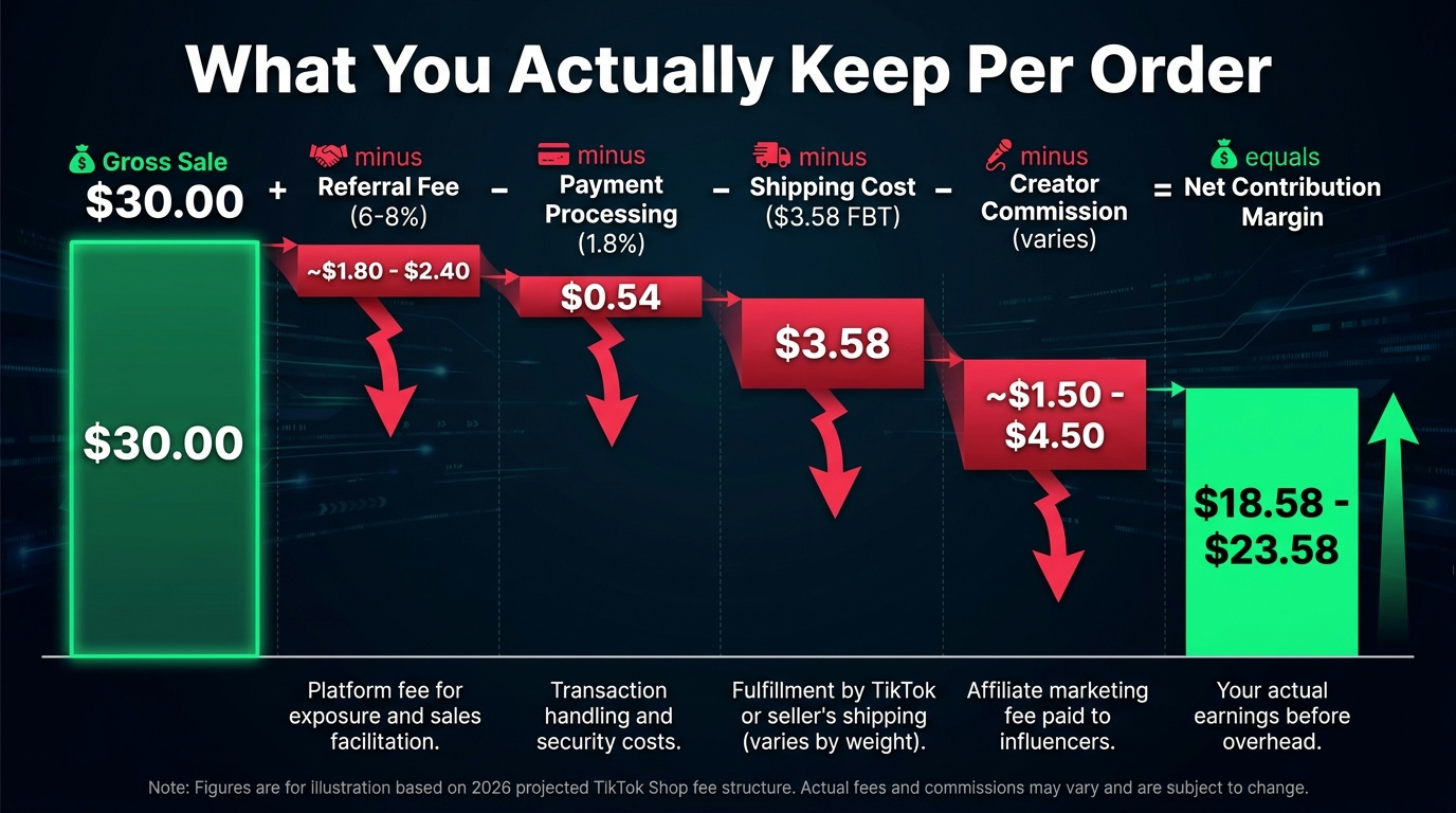 Waterfall chart showing how a TikTok Shop sale is eroded by referral fees, shipping, creator commissions and returns