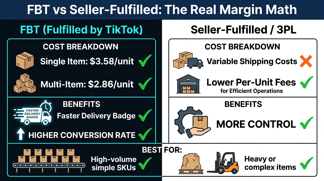 FBT vs Seller-Fulfilled TikTok Shop comparison showing cost per unit, delivery speed and best-fit scenarios