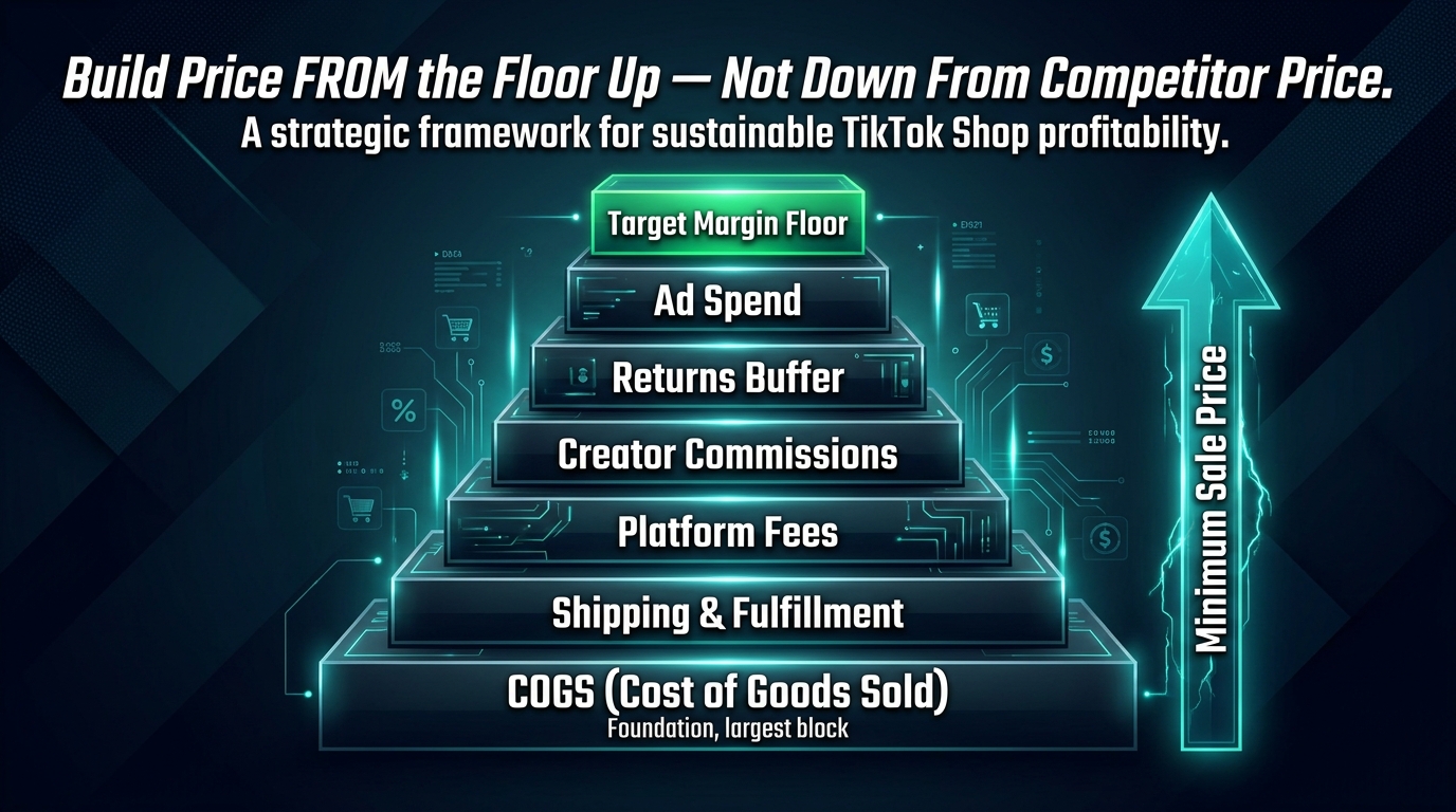 Pyramid diagram showing the TikTok Shop margin floor pricing framework — from COGS through fees to target net margin