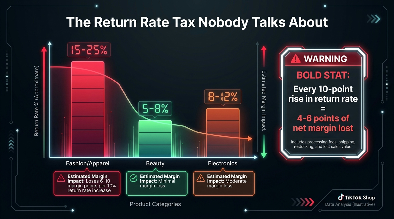 Bar chart showing TikTok Shop return rates by category and the margin impact — fashion at 15-25%, beauty at 5-8%