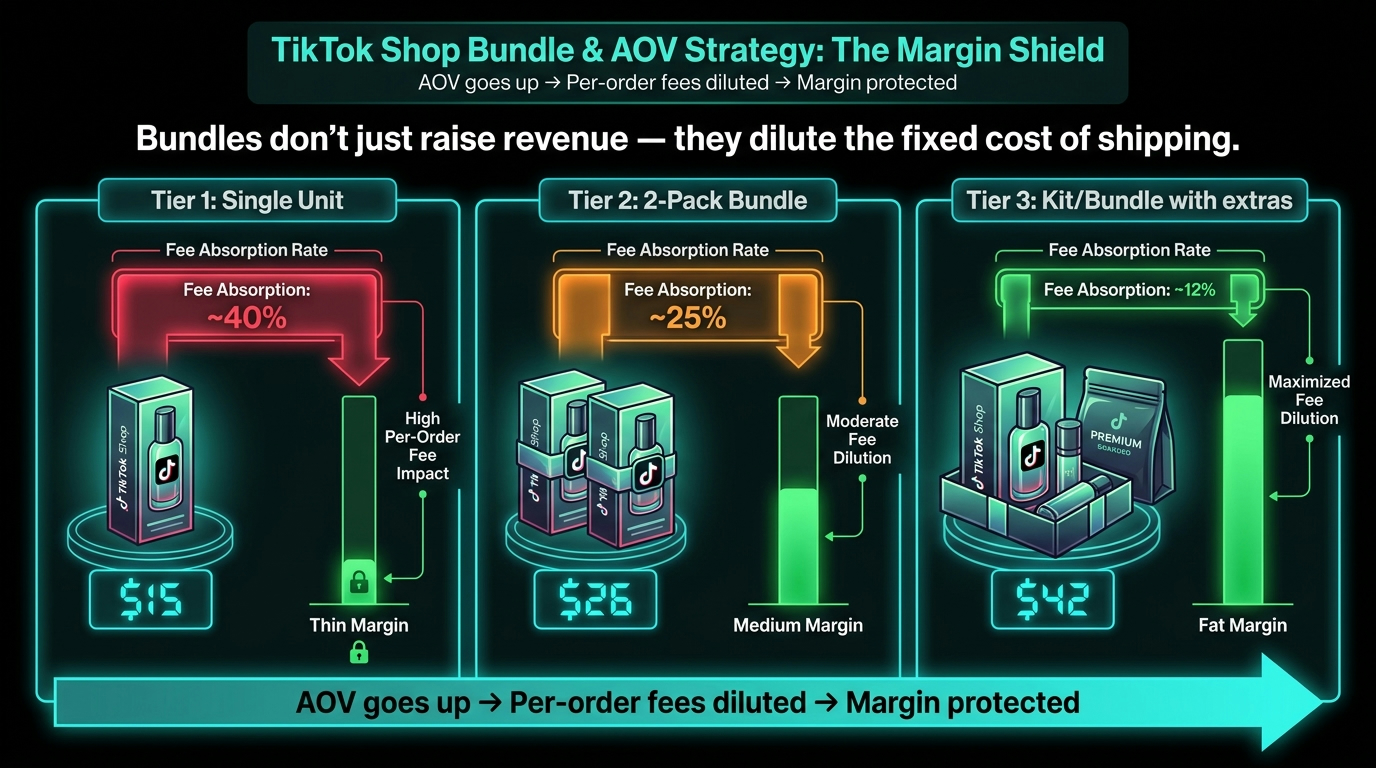 Bundle strategy infographic showing how higher AOV dilutes TikTok Shop fixed shipping and fee costs per order