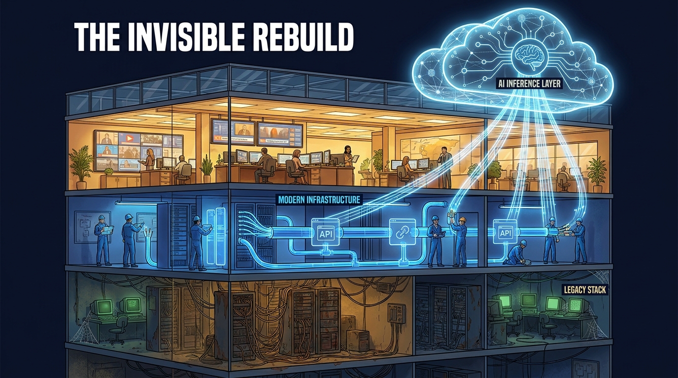 Cross-section illustration of a modern newsroom showing legacy infrastructure below and AI inference layer above — The Invisible Rebuild