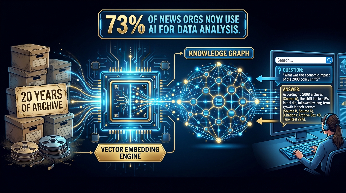 Illustration of a newsroom RAG pipeline converting 20 years of archive into live AI-searchable editorial intelligence