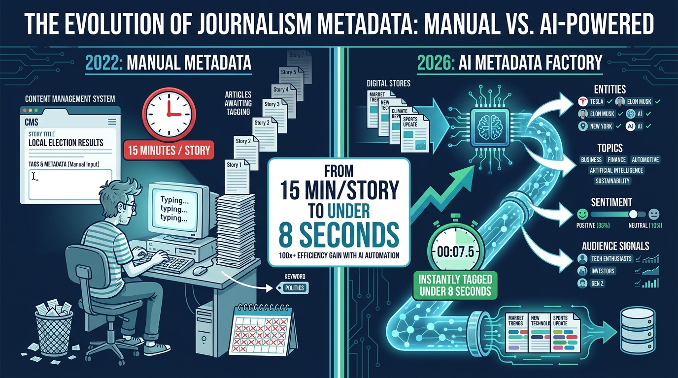 Split comparison showing manual metadata tagging in 2022 vs automated AI metadata factory in 2026 — from 15 minutes to 8 seconds per story