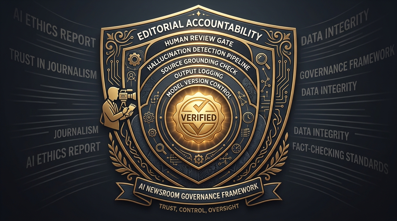 AI newsroom governance framework showing layered shield model with human review gates, hallucination detection pipeline, and verification layers