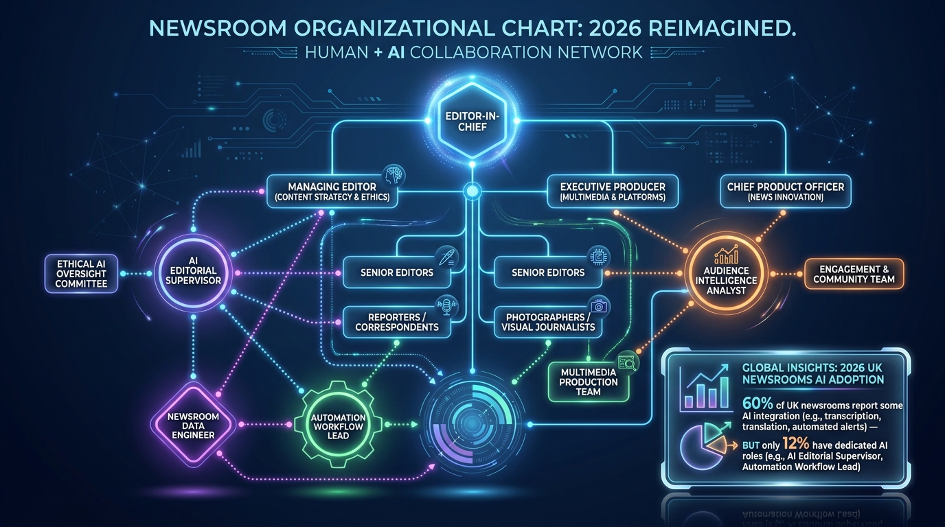 2026 newsroom organizational chart showing new AI roles alongside traditional editorial positions, with 60% AI integration rate noted