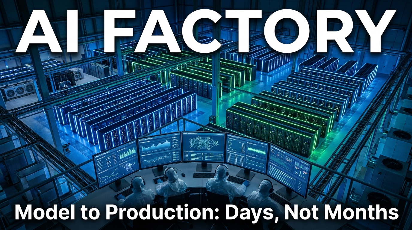 AI factory data center floor with GPU server racks and engineers monitoring model deployment dashboards