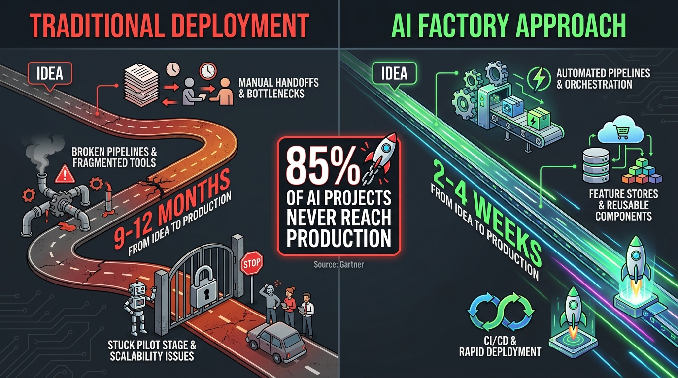 Split comparison infographic: Traditional deployment taking 9-12 months vs AI factory approach taking 2-4 weeks, with stat that 85% of AI projects never reach production