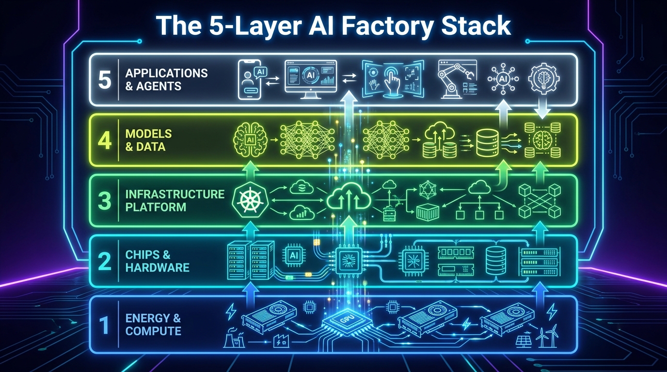 The 5-layer AI factory stack diagram showing Energy and Compute, Chips and Hardware, Infrastructure Platform, Models and Data, and Applications layers with data flow arrows