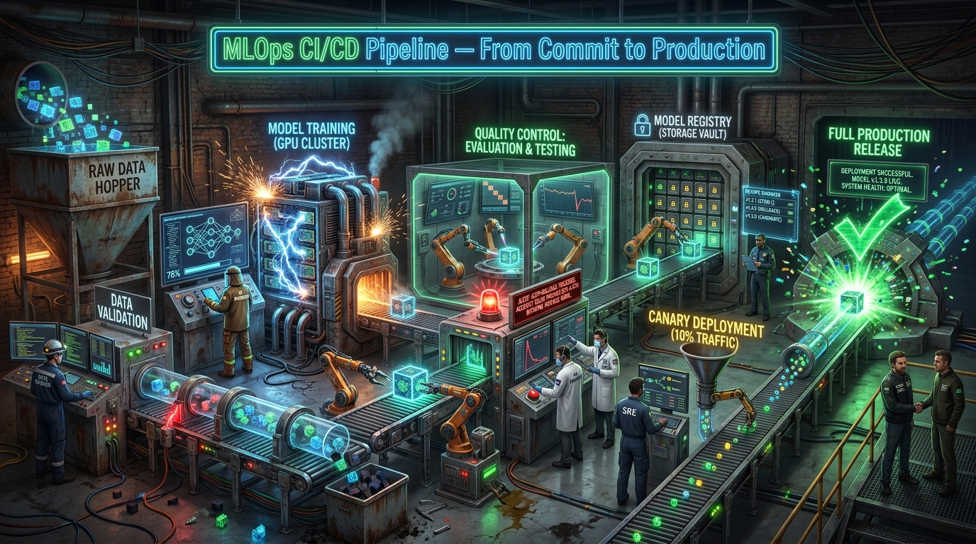 MLOps CI/CD pipeline diagram showing data validation, model training, evaluation and testing, model registry, canary deployment, and full production release stages with auto-rollback capability