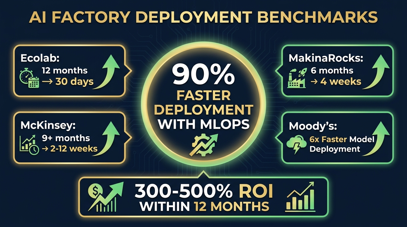 AI factory deployment benchmarks infographic showing 90% faster deployment with MLOps, Ecolab 12 months to 30 days, MakinaRocks 6 months to 4 weeks, McKinsey 9+ months to 2-12 weeks, and 300-500% ROI within 12 months