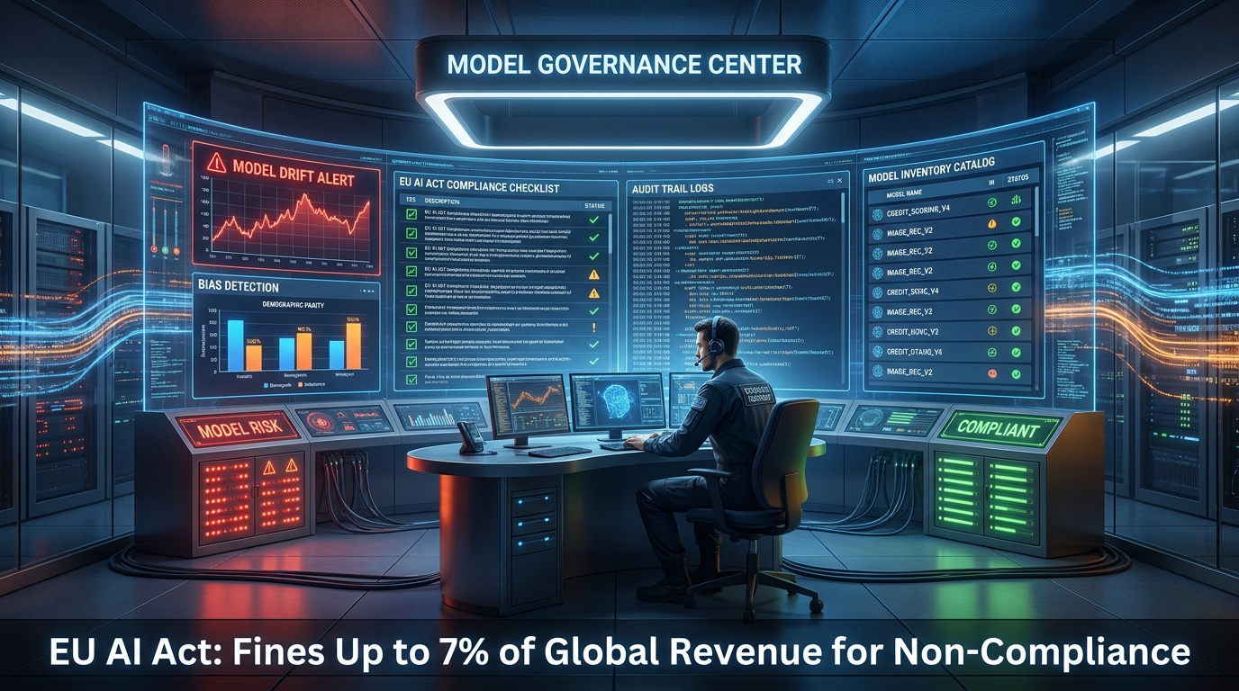 AI governance control room with screens showing model drift alerts, bias detection dashboards, EU AI Act compliance checklist, audit trail logs, and model inventory catalog