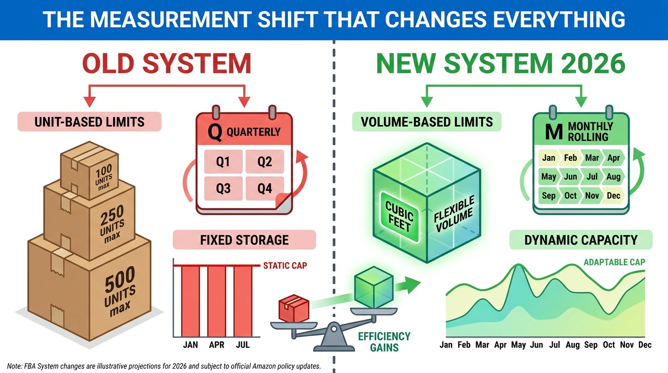 Comparison infographic showing the old Amazon FBA unit-based limit system versus the new 2026 cubic-foot capacity model