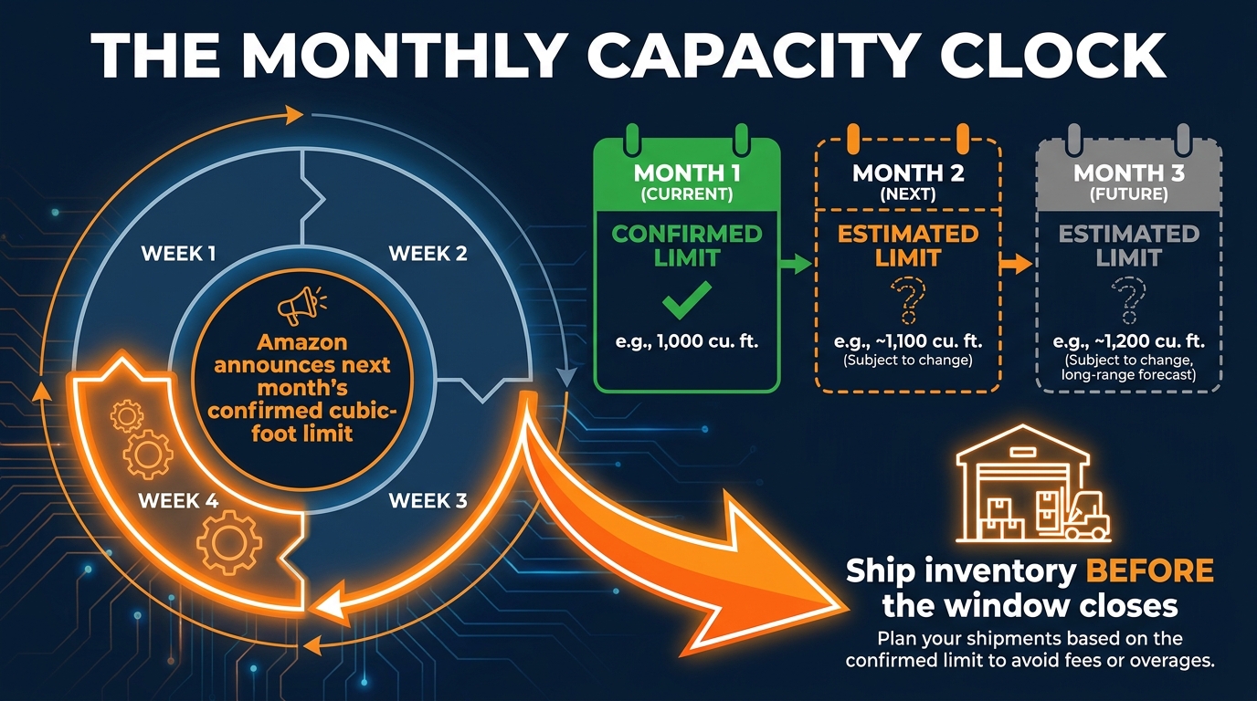 Amazon FBA monthly capacity recalculation cycle diagram showing confirmed and estimated limits across three months