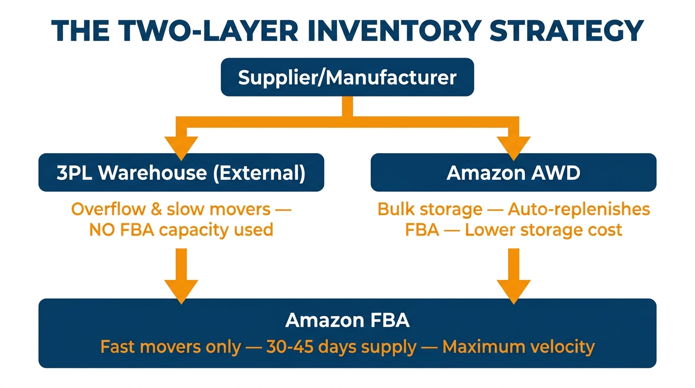 Two-layer FBA inventory strategy flowchart showing supplier to AWD/3PL to Amazon FBA for 2026 sellers