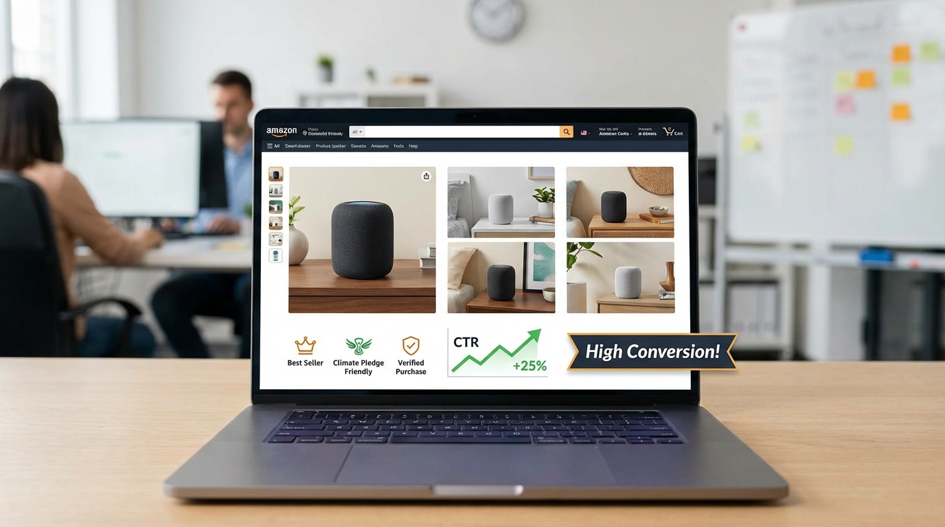 Amazon AI listing images on a laptop screen showing high conversion rate metrics and CTR improvements for e-commerce sellers