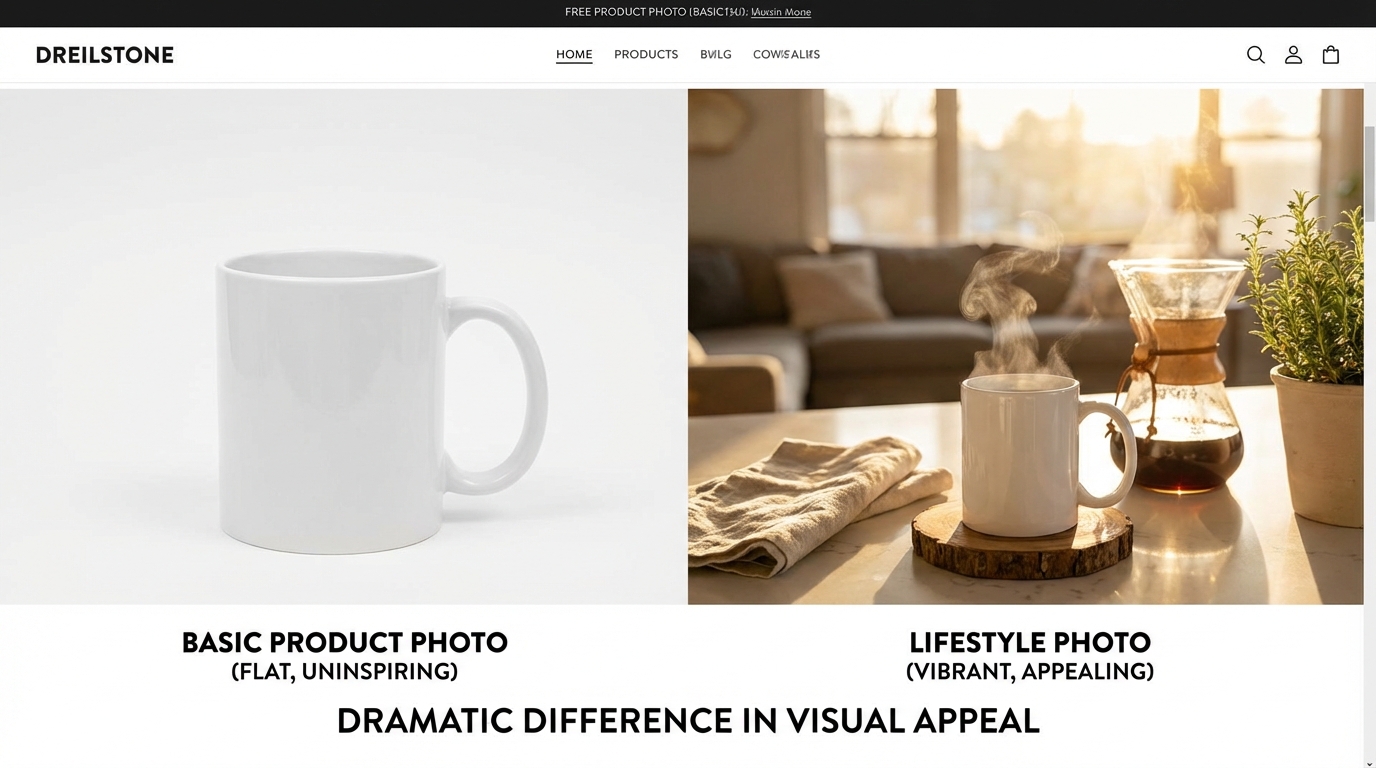 Side by side comparison showing a plain white background Amazon product photo versus an AI-generated lifestyle image demonstrating dramatic difference in visual appeal and conversion potential