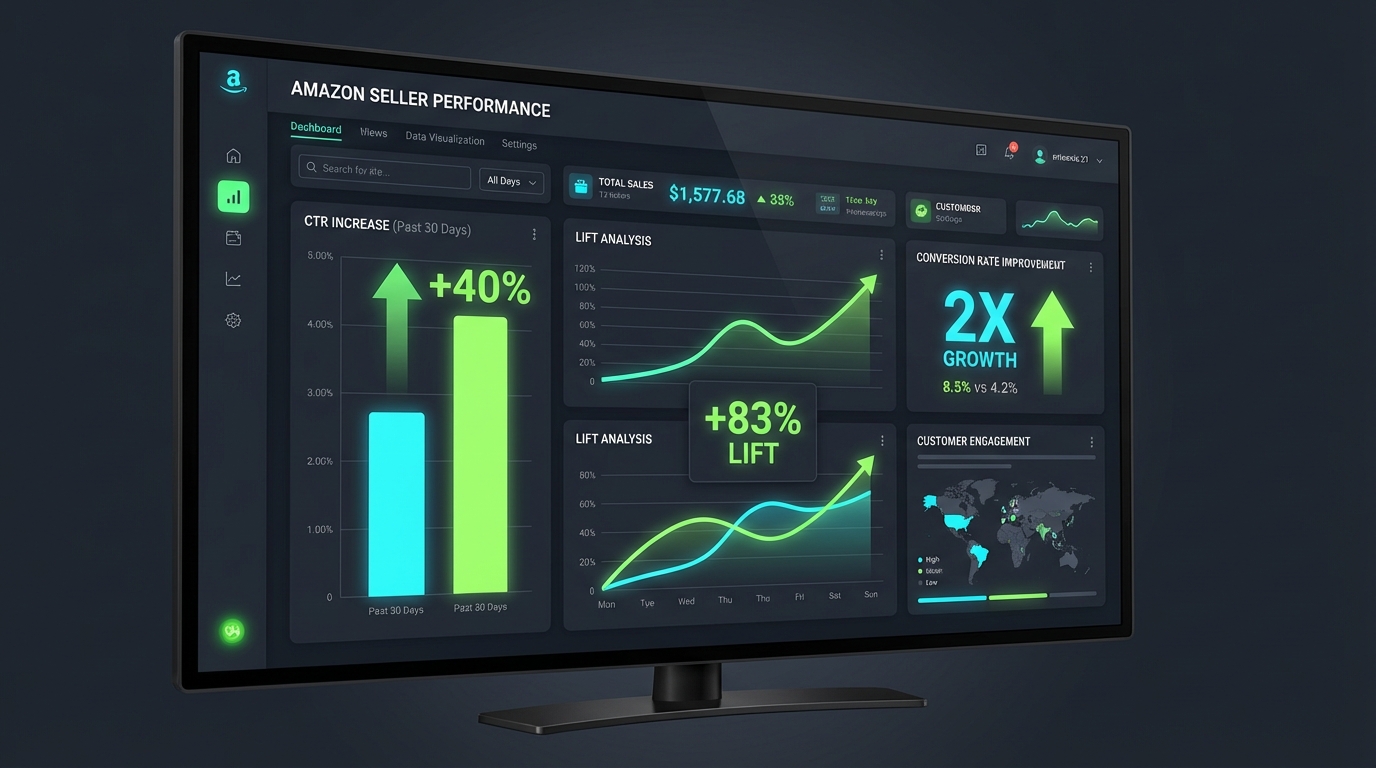 Analytics dashboard showing Amazon seller conversion rate improvements with 40% CTR increase, 83% lift metrics, and 2x conversion rate data visualizations