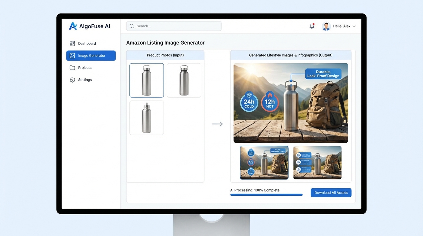 AlgoFuse.ai AI-powered Amazon listing image generation platform interface showing product photos being transformed into professional lifestyle images and infographics