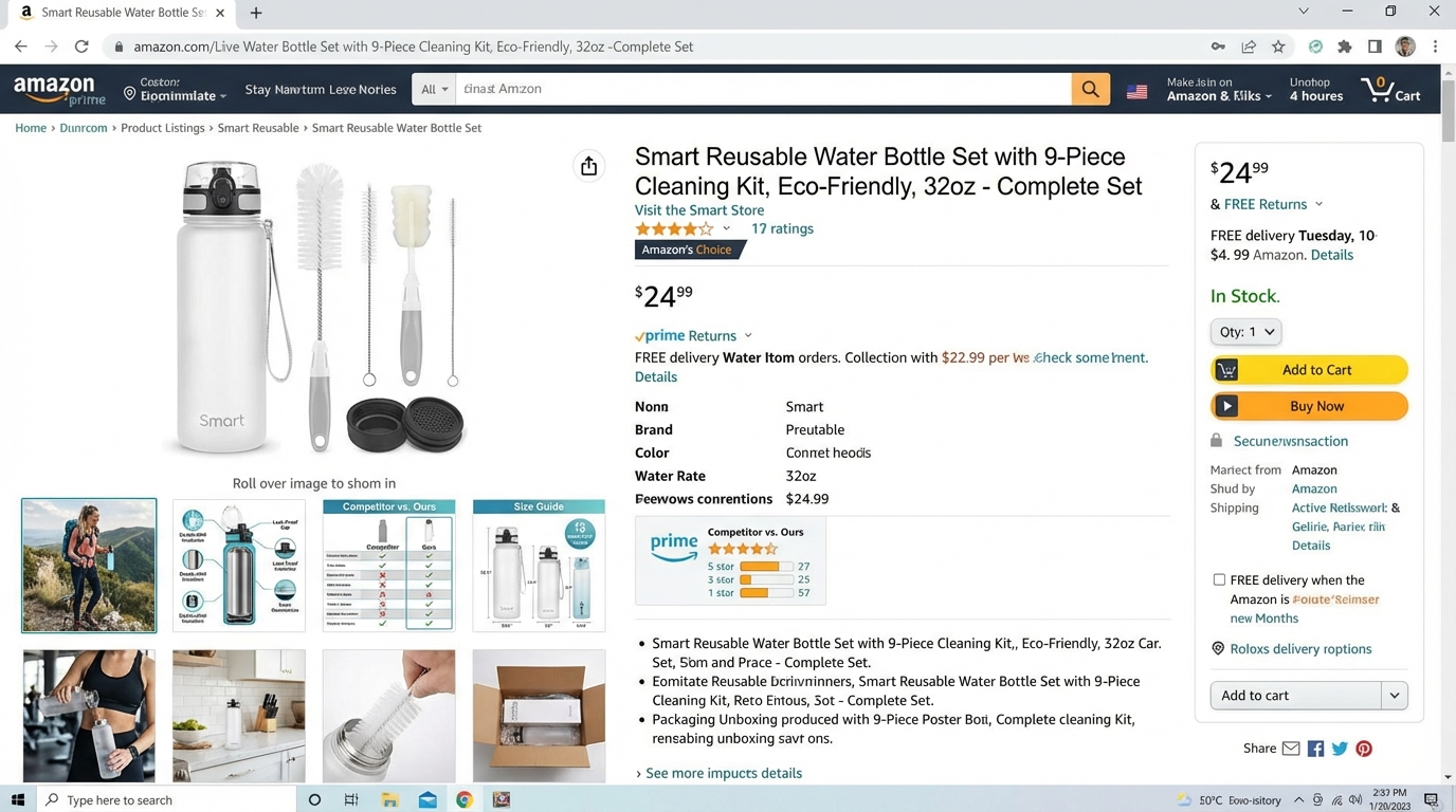 Amazon product listing showing optimized complete 9-image gallery including main product shot, lifestyle images, infographics, comparison charts and size guides