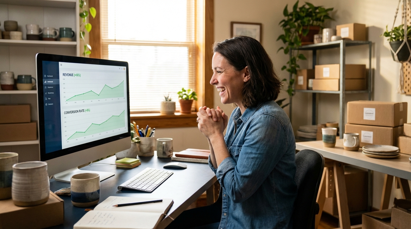 Amazon seller celebrating improved sales results at their desk with conversion rate charts trending upward, product samples visible in background