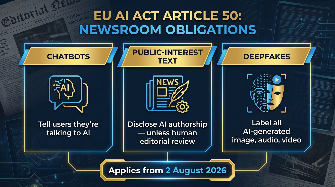 Three Article 50 obligations for newsrooms under the EU AI Act: chatbots, public-interest text, and deepfakes