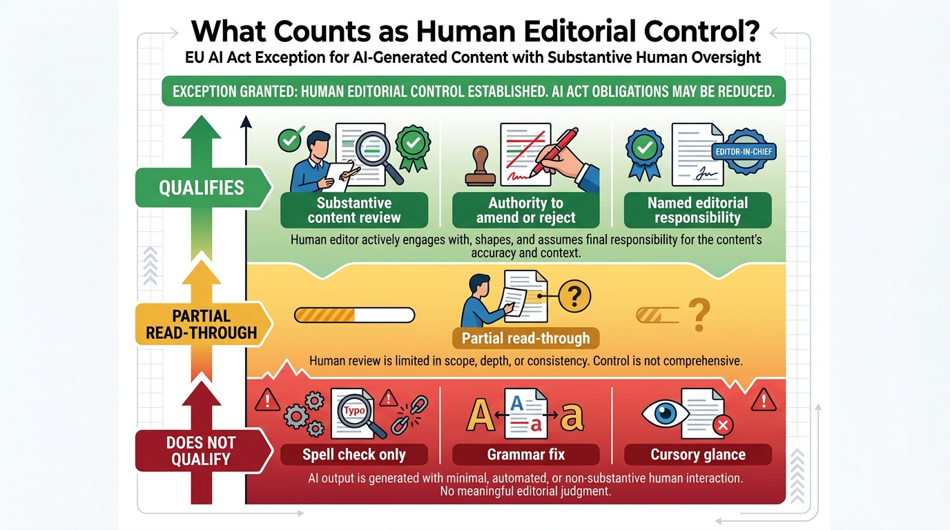 What qualifies as human editorial control under EU AI Act — spectrum from spell-check to substantive review