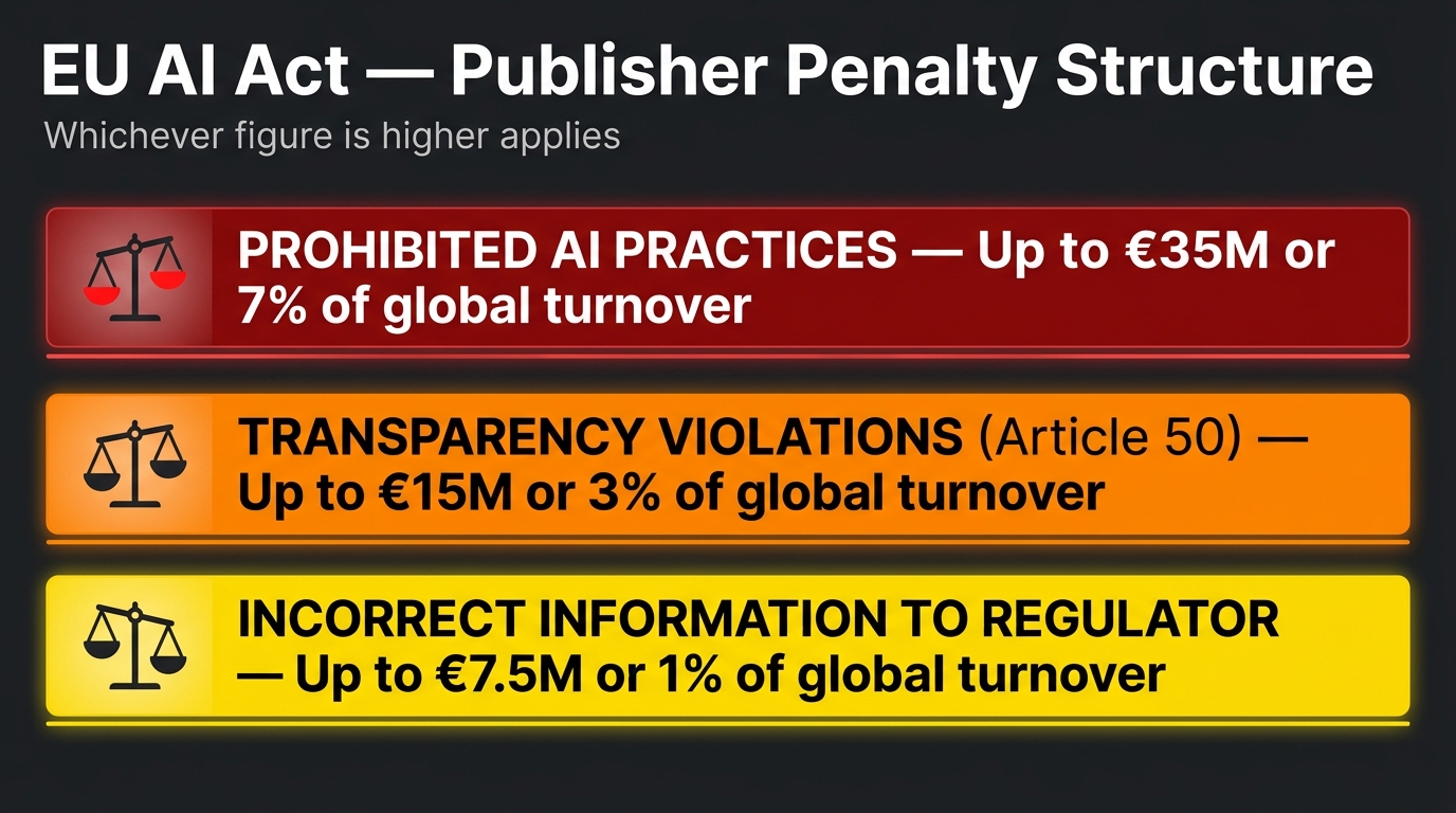 EU AI Act penalty tiers for publishers: up to €35M for prohibited practices, €15M for transparency violations, €7.5M for misleading regulators